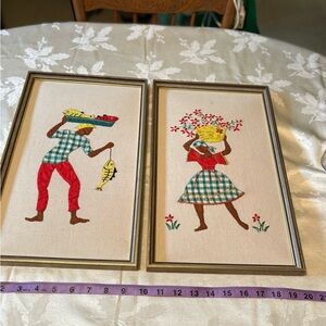 Vintage Framed Art with Figures in Red and Green